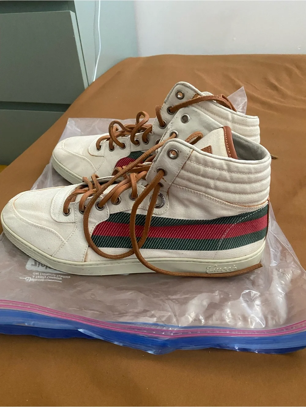 Gucci Web Canvas High-Top Sneakers in Cream and Brown - Picture 2 of 5